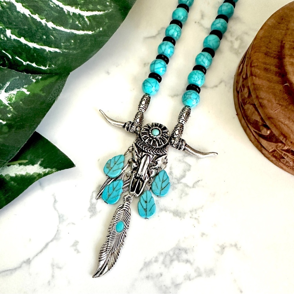 Cow Skull Dangle Feathers Necklace Silver Turquoise Beads Western Rodeo Boho NEW